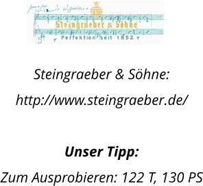Steingraeber & Shne:  http://www.steingraeber.de/  Unser Tipp: Zum Ausprobieren: 122 T, 130 PS